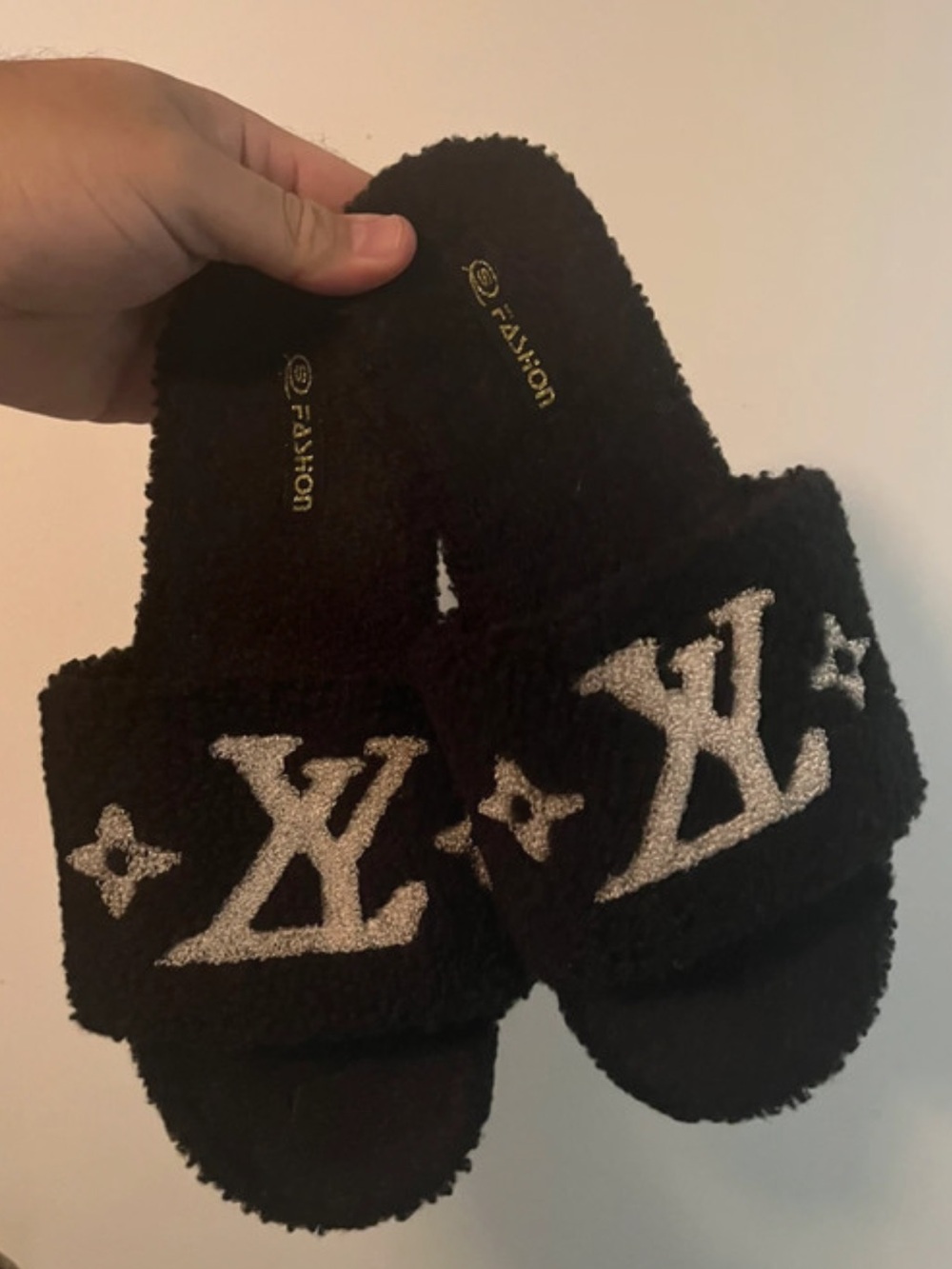 😎💕Black Logo Chenille Slide Slippers with Crystal Accent